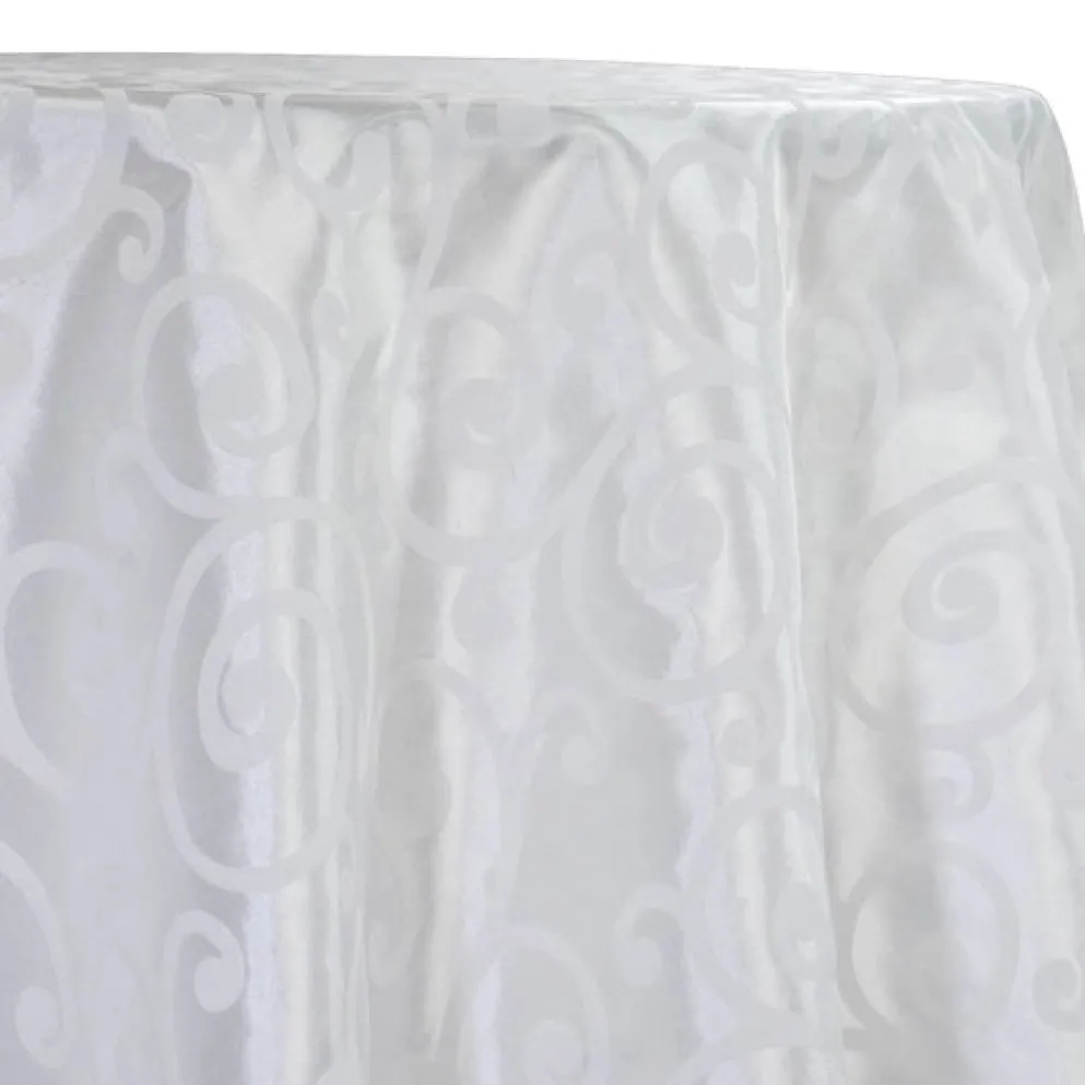 Swirl Flocking Taffeta Table Linen in White on White