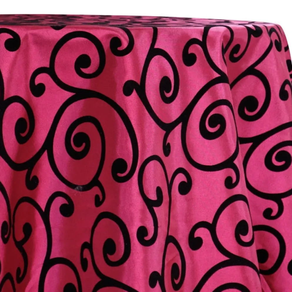 Swirl Flocking Taffeta Table Linen in Black on Fuchsia