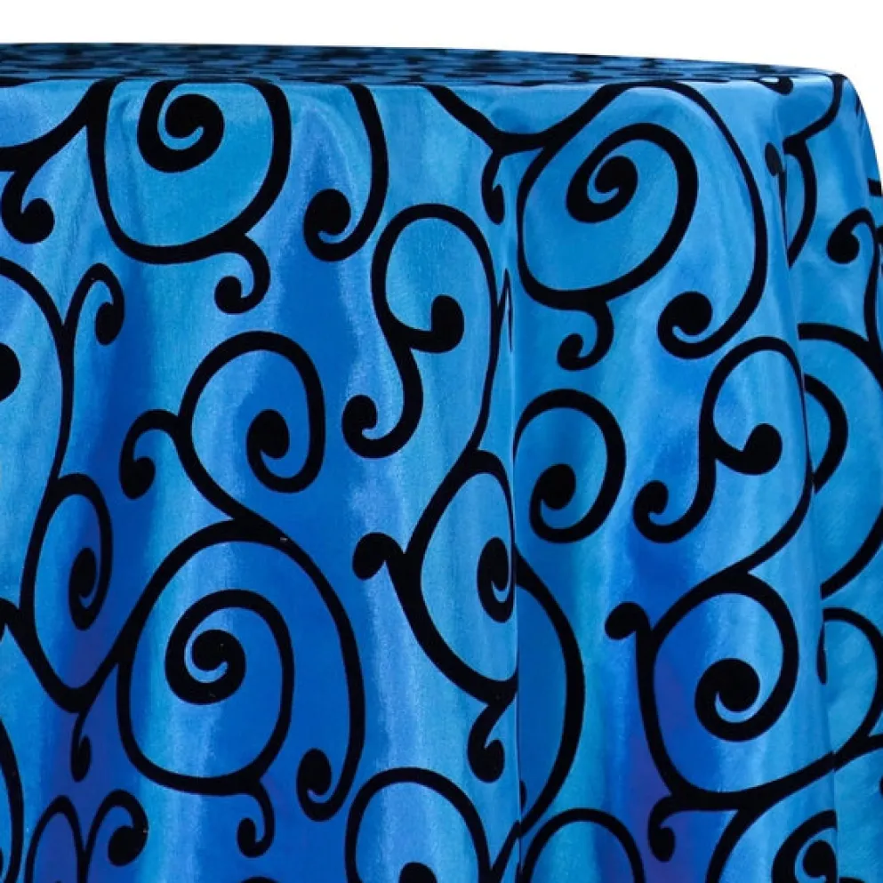 Swirl Flocking Taffeta Table Linen in Black on Royal
