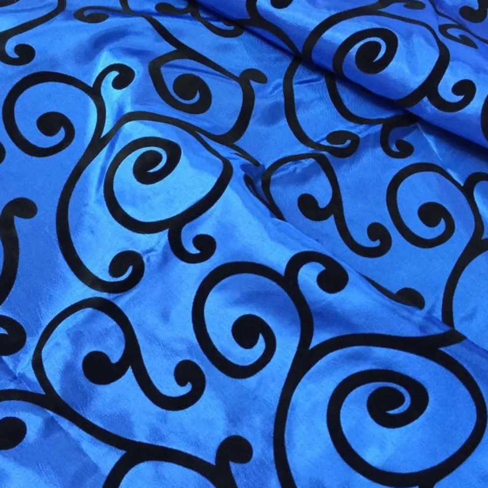 Swirl Flocking Taffeta Table Linen in Black on Royal