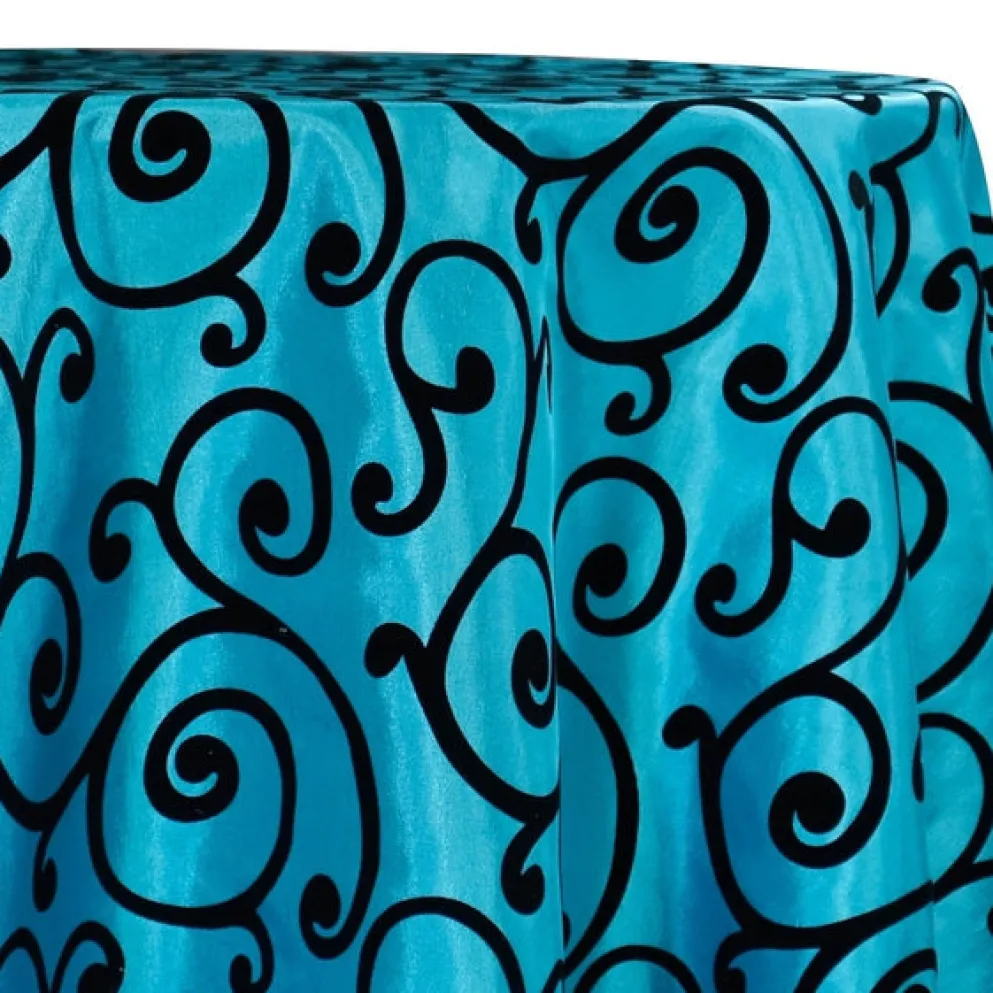 Swirl Flocking Taffeta Table Linen in Black on Turquoise