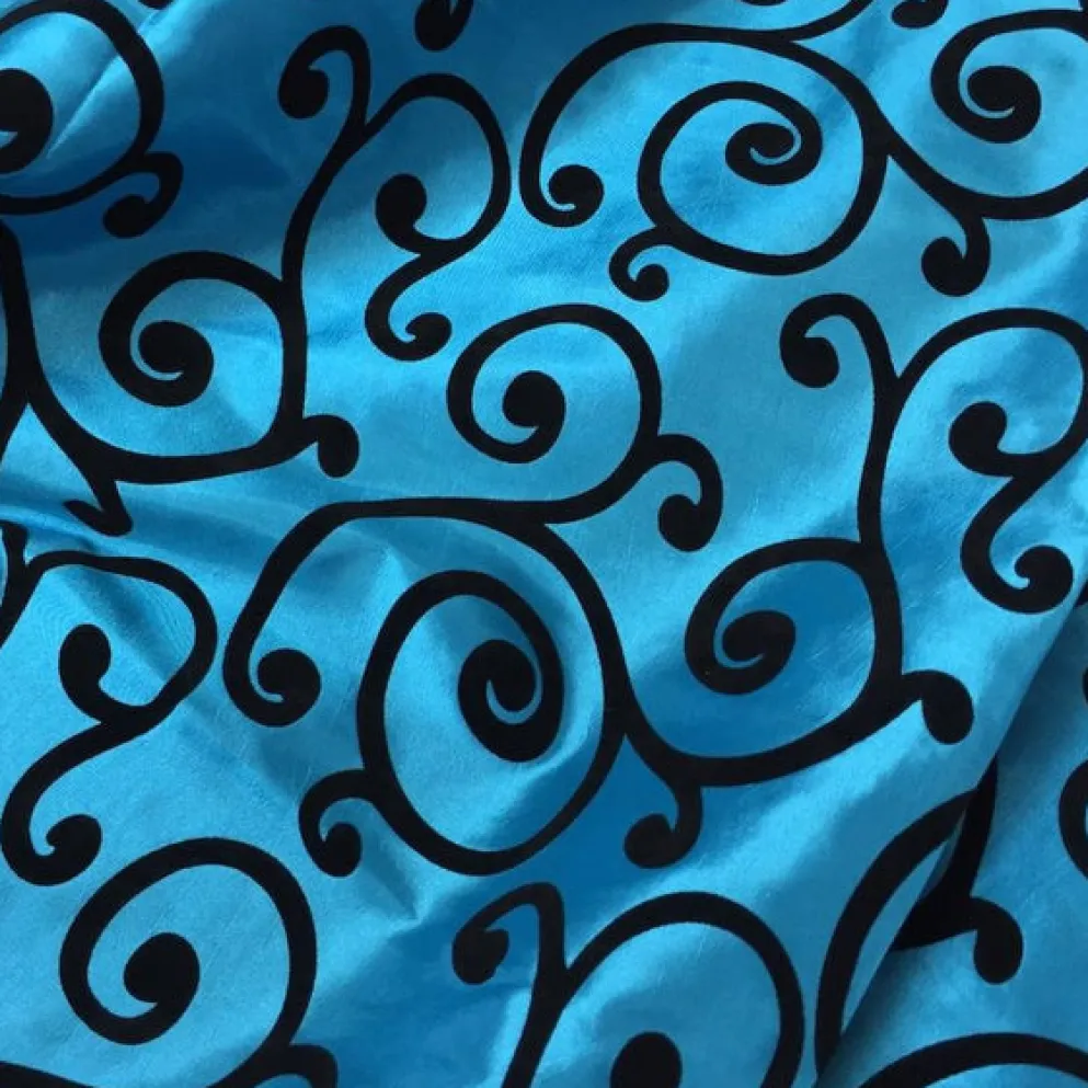 Swirl Flocking Taffeta Table Linen in Black on Turquoise
