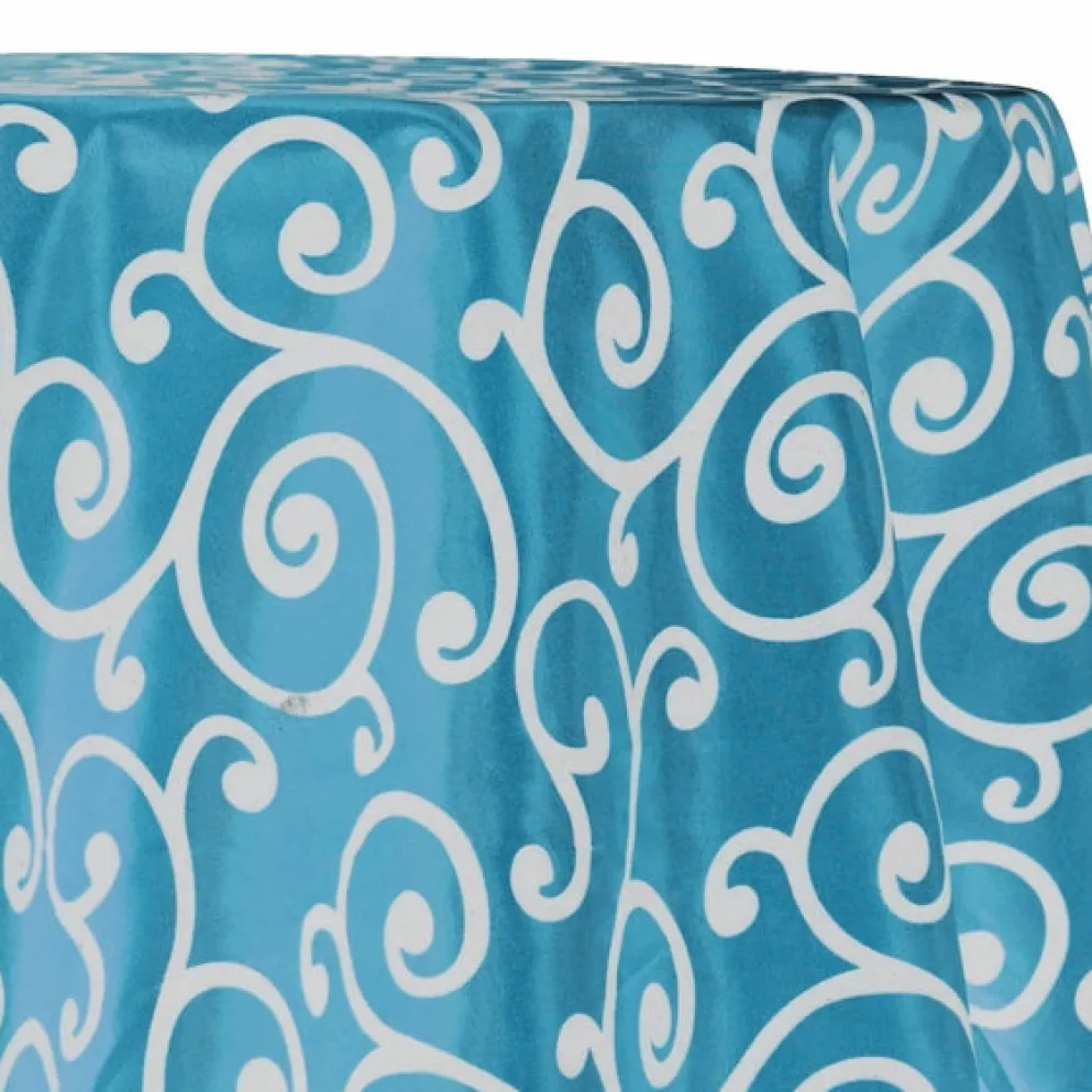 Swirl Flocking Taffeta Table Linen in Silver on Turquoise