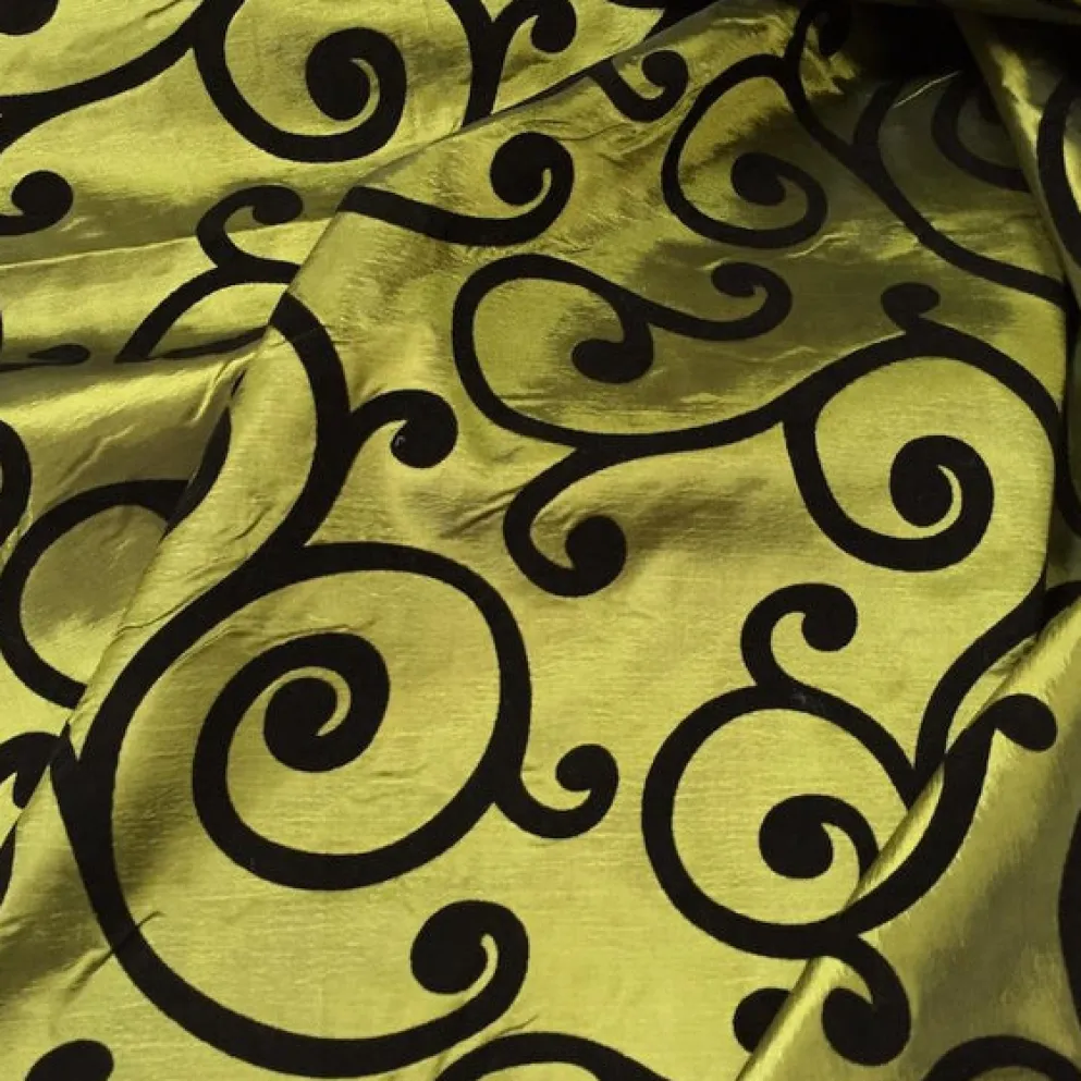 Swirl Flocking Taffeta Table Runner in Black on Olive
