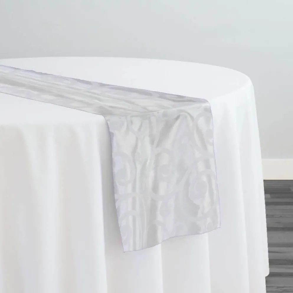 Swirl Flocking Taffeta Table Runner in White on White