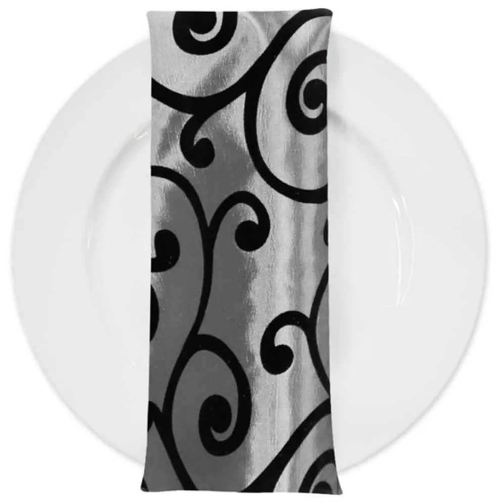 Swirl Flocking Taffeta Table Napkins in Black and Silver