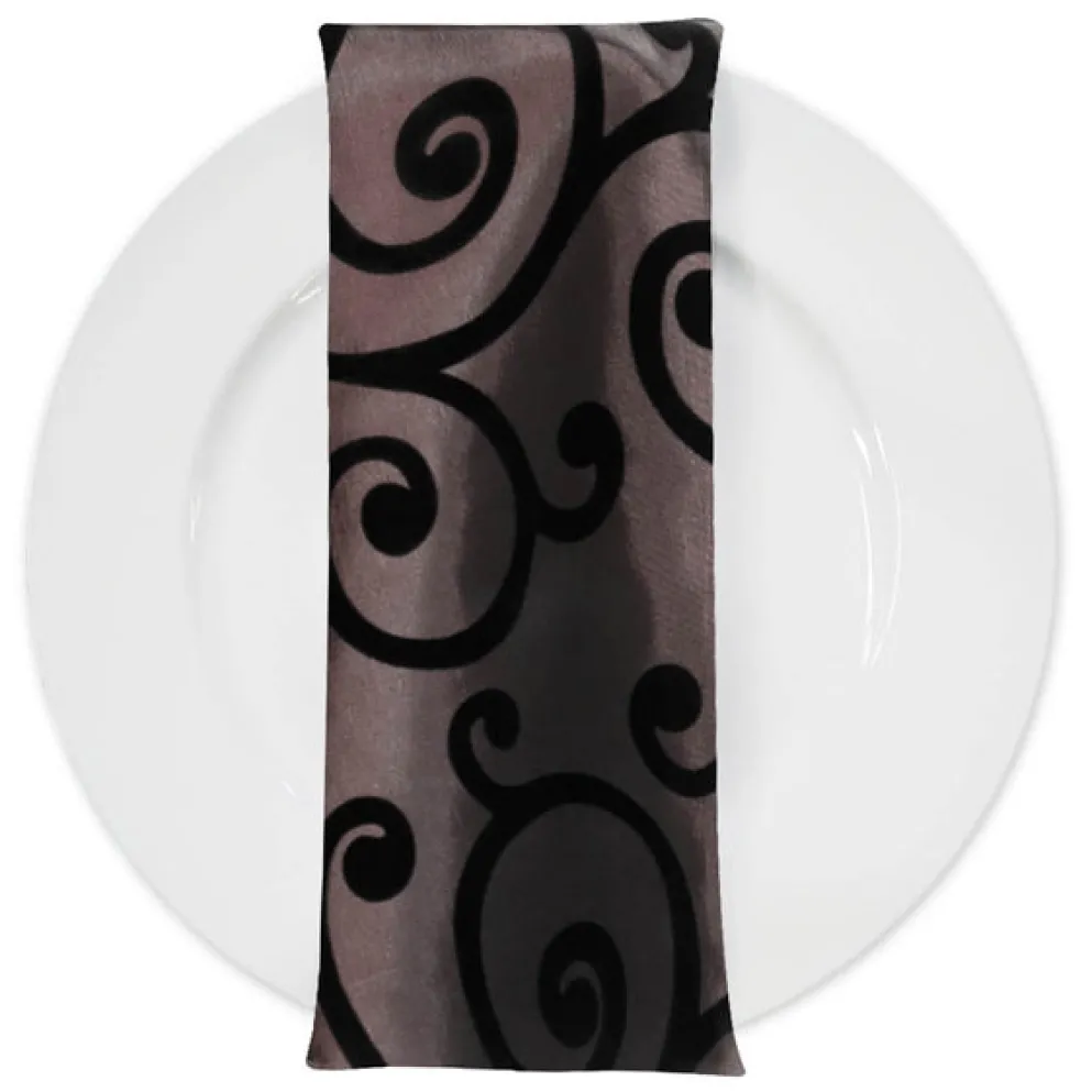 Swirl Flocking Taffeta Table Napkins in Black and Brown