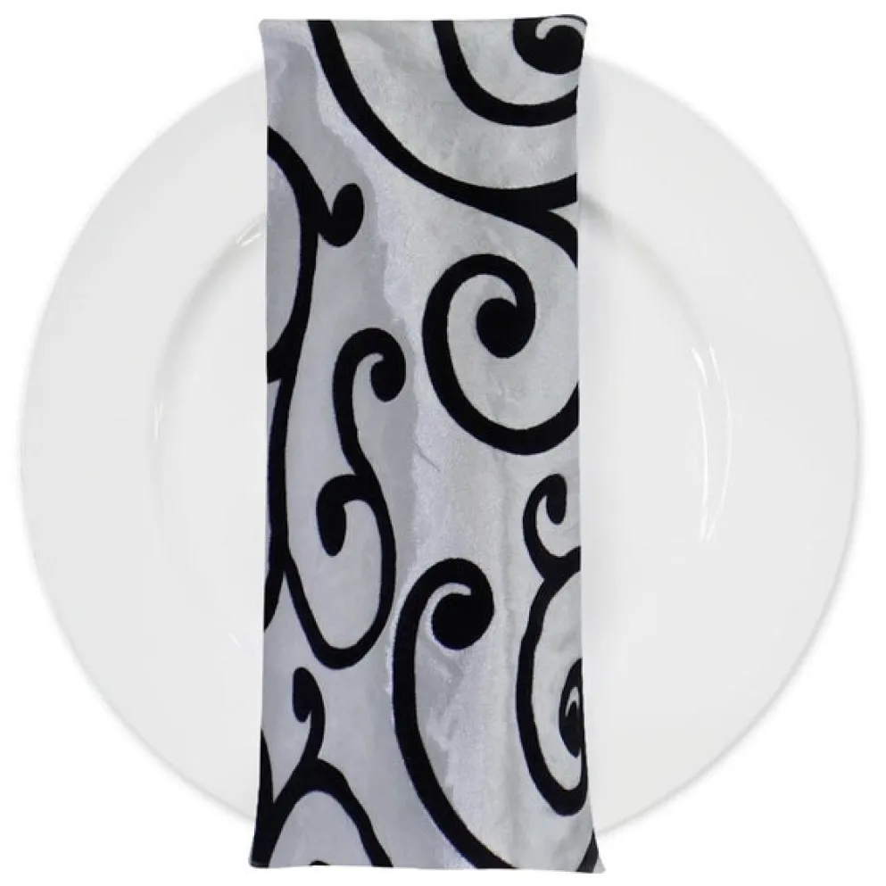 Swirl Flocking Taffeta Table Napkins in Black and Ivory