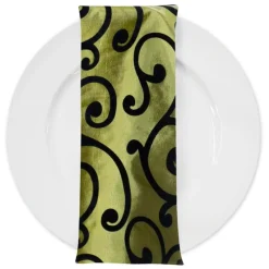 Swirl Flocking Taffeta Table Napkins in Black and Olive