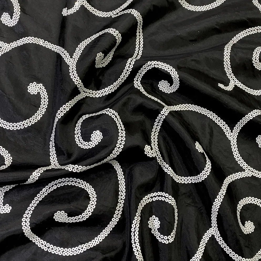 Swirl Sequins Taffeta Table Linen in White and Black