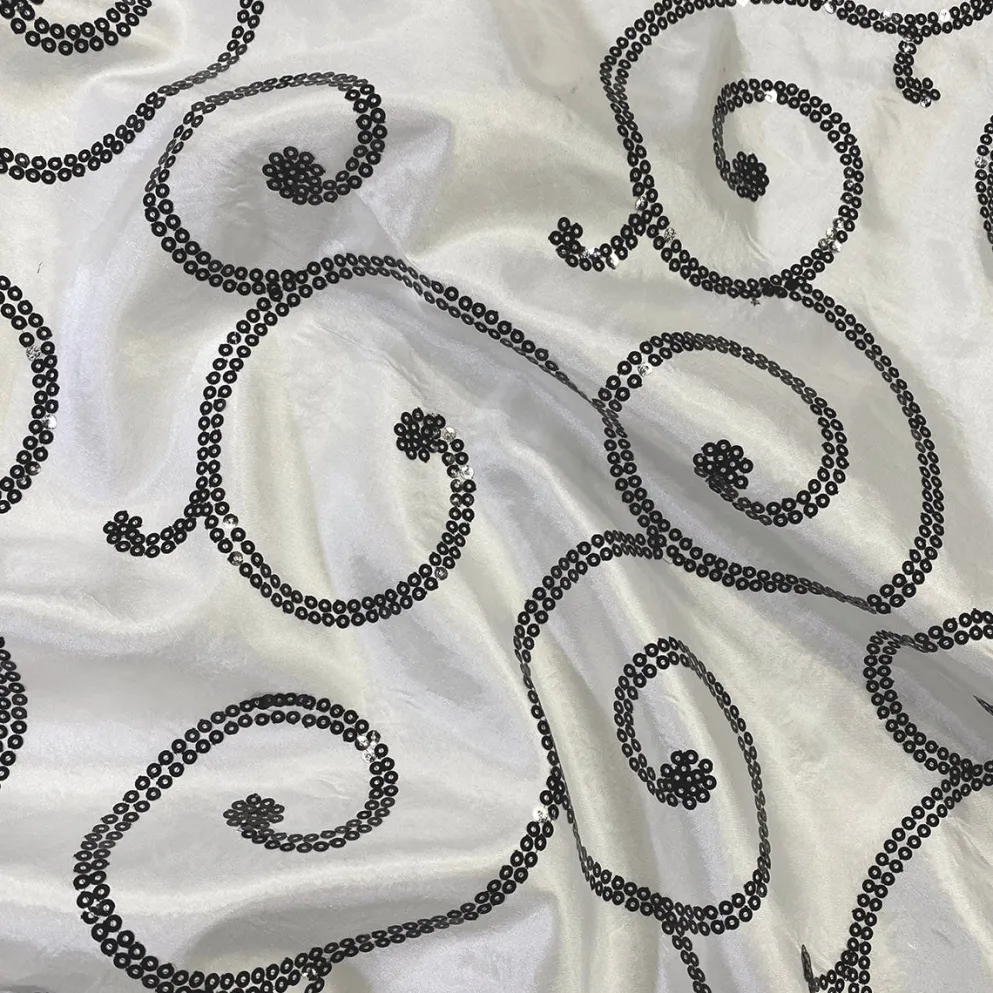 Swirl Sequins Taffeta Table Linen in Black and White