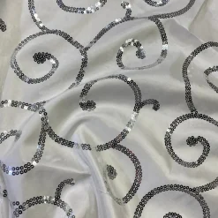 Swirl Sequins Taffeta Table Linen in Silver and White