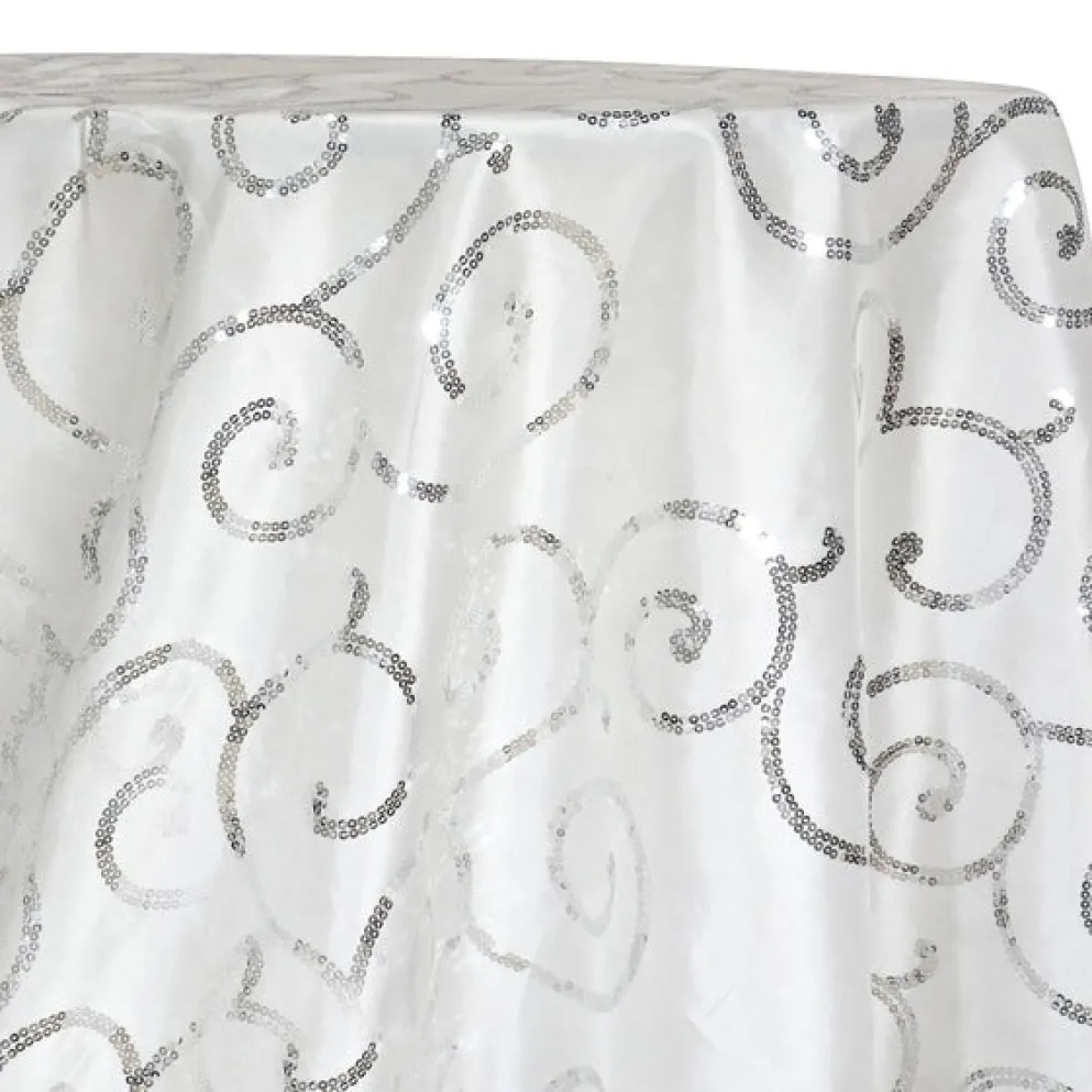 Swirl Sequins Taffeta Table Linen in Silver and White