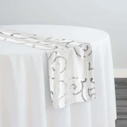 Swirl Sequins Taffeta Table Runner in Silver and White