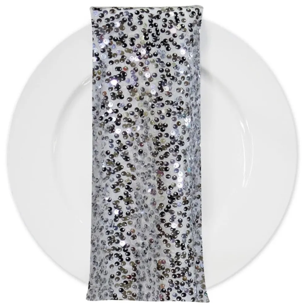Taffeta Sequins (w/ Poly Lining) Table Napkin in Silver on White