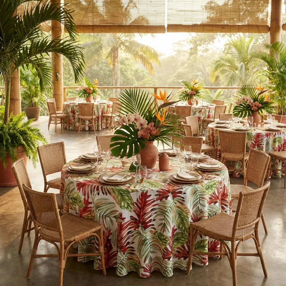 Tropical Print (Dupioni) Table Linen in Red