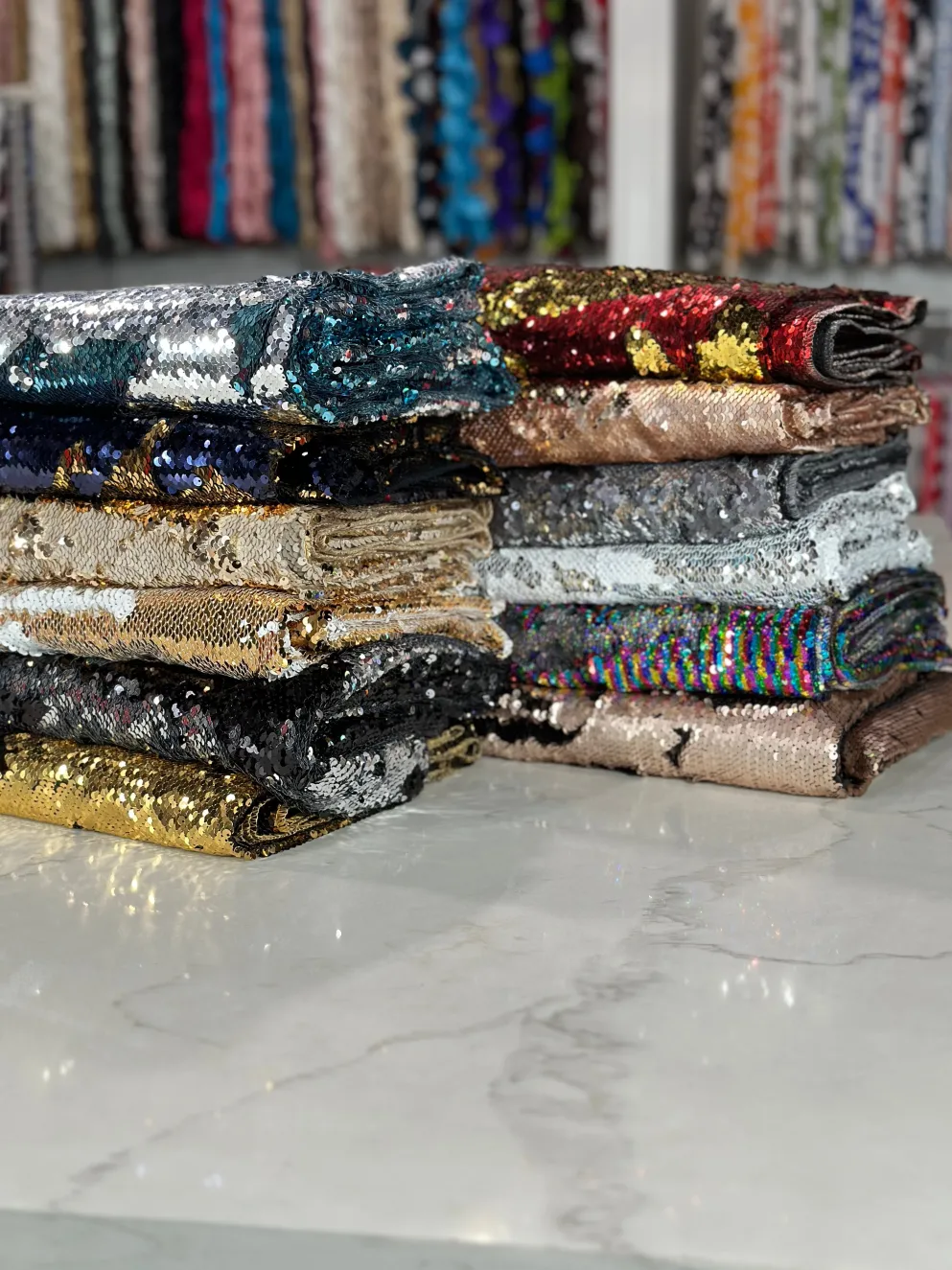 Two-Tone Sequins Table Linen in Turquoise and Silver